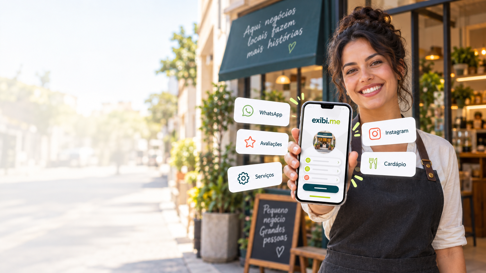 Comerciante mostrando uma página Exibi.me no celular