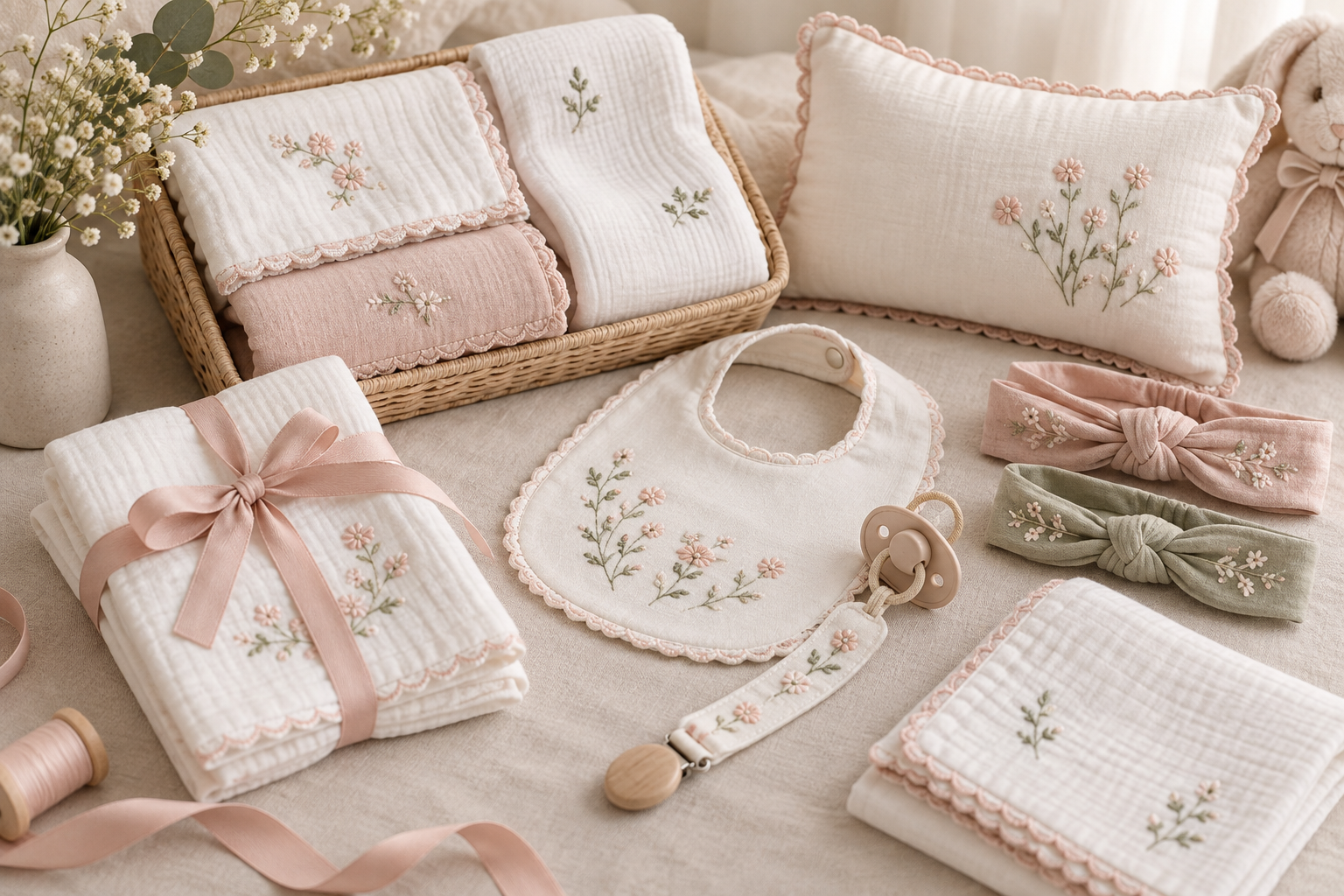 Enxoval delicado com bordados e pecas personalizadas